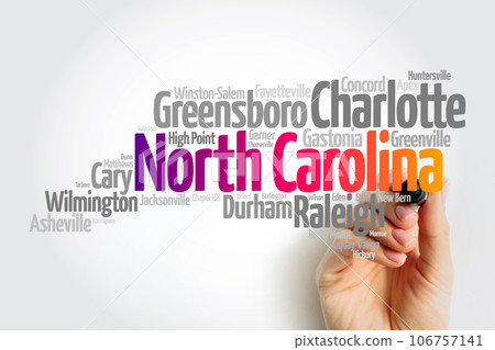 List of cities in North Carolina USA state, map silhouette word cloud map concept background 106757141