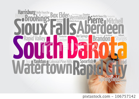 List of cities in South Dakota USA state, map silhouette word cloud map concept background 106757142