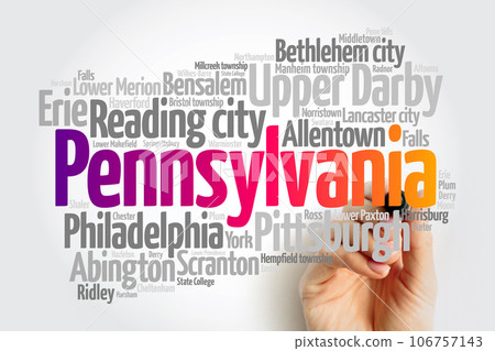 List of cities in Pennsylvania USA state, map silhouette word cloud map concept background 106757143