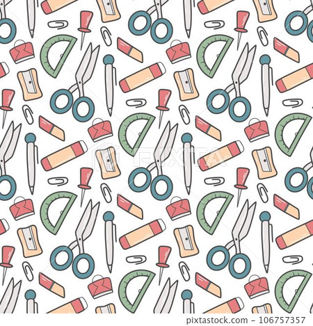 Seamless Pattern Of Gadgets And Office Supplies. Hand-drawn