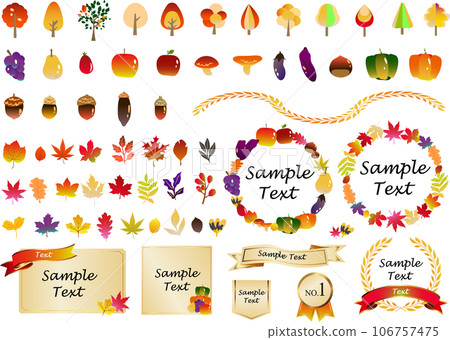 Illustration set of autumn material icons, frames, cards and ribbons Illustration set of autumn material icons, frames, cards and ribbons 106757475