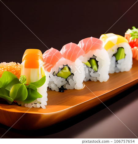 Japanese sushi food, sushi roll with eel and shrimp, Various kinds of sushi served tasty food 106757654