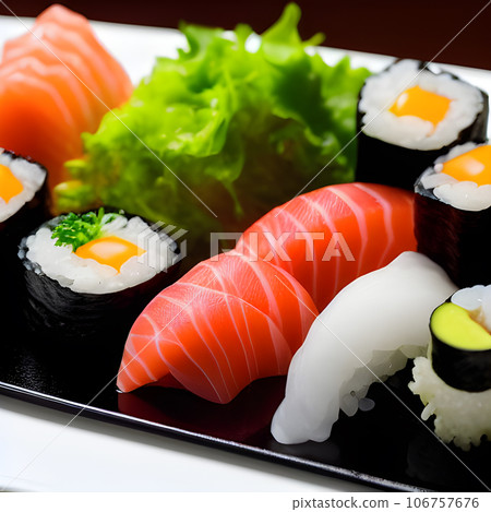 Japanese sushi food, sushi roll with eel and shrimp, Various kinds of sushi served tasty food 106757676