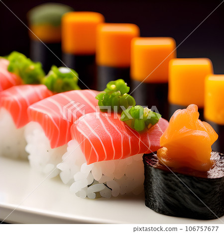 Japanese sushi food, sushi roll with eel and shrimp, Various kinds of sushi served tasty food 106757677
