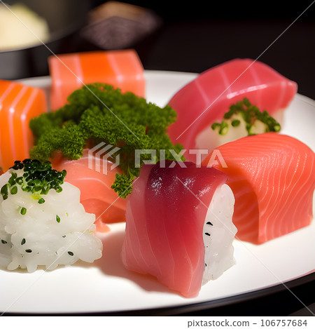 Japanese sushi food, sushi roll with eel and shrimp, Various kinds of sushi served tasty food 106757684