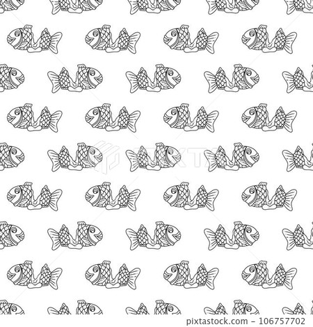 Taiyaki single pattern2. Cute Asian sweet stuffed fish. Cartoon white and black vector illustration. 106757702