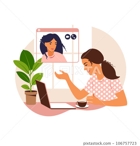 Girl at home or in the office at a desk with a laptop. Communication with the team via video online, urgent meeting, remote work, freelance. Vector flat illustration. 106757723
