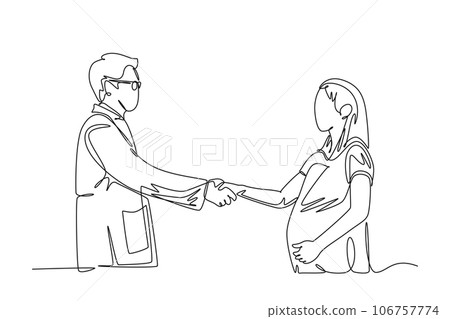 Continuous one line drawing obstetrician and gynecologist doctor handshake and congratulate a young happy pretty pregnant mom about her pregnancy. Single line draw design vector graphic illustration 106757774