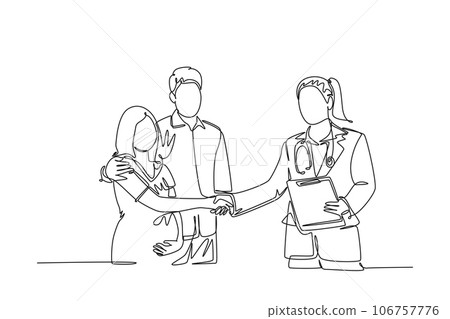 Continuous one line drawing obstetrician and gynecologist doctor handshake and congratulate a happy young couple about pregnancy. Medical check up. Single line draw design vector graphic illustration Continuous one line drawing obstetrician and gynecologist doctor handshake and congratulate a happy young couple about pregnancy. Medical check up. Single line draw design vector graphic illustration 106757776