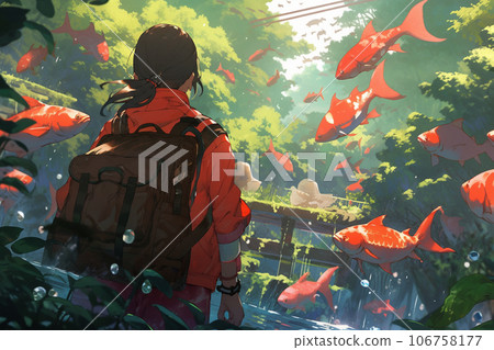[AI generated image] A woman adventuring with the jungle and a school of colorful fish 106758177