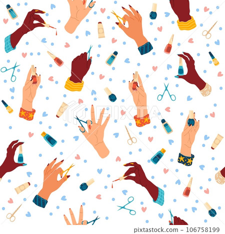 Seamless pattern with hands, fingernails and nail polishes. Nail bar accessories and equipment, beauty salon background. Decor textile, wrapping paper, wallpaper design. Vector cartoon concept Seamless pattern with hands, fingernails and nail polishes. Nail bar accessories and equipment, beauty salon background. Decor textile, wrapping paper, wallpaper design. Vector cartoon concept 106758199