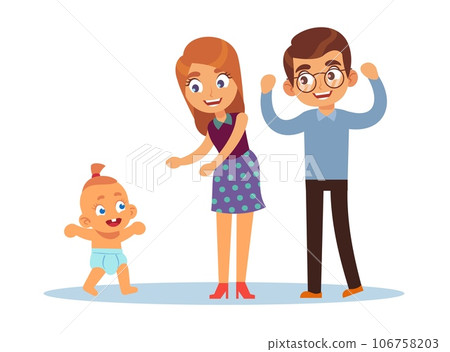 Parents are excited about their baby first steps. Happy mother and father with little son. parenthood and childhood. Children growth and development. Cartoon flat isolated vector concept Parents are excited about their baby first steps. Happy mother and father with little son. parenthood and childhood. Children growth and development. Cartoon flat isolated vector concept 106758203