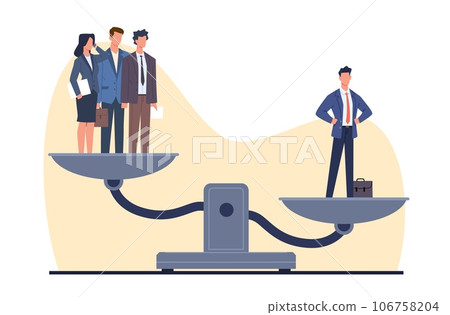One successful businessman on team outweighs his coworkers. Group of employees and man with great scales. Happy successful male character. Cartoon flat style isolated vector concept One successful businessman on team outweighs his coworkers. Group of employees and man with great scales. Happy successful male character. Cartoon flat style isolated vector concept 106758204
