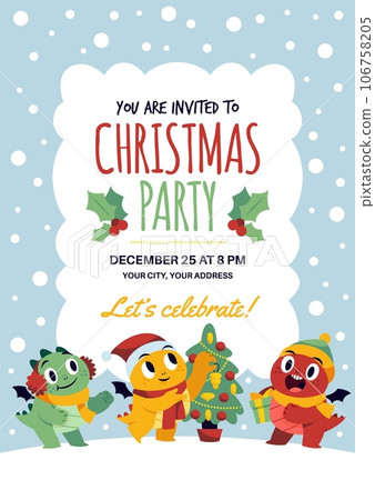 New year funny dragons. 2024 holiday symbol, cute animals, mythological creatures in santa hats decorate christmas tree, chinese new year poster, invitation and greeting, tidy vector concept New year funny dragons. 2024 holiday symbol, cute animals, mythological creatures in santa hats decorate christmas tree, chinese new year poster, invitation and greeting, tidy vector concept 106758205