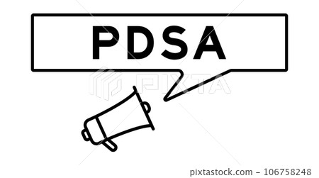 Megaphone icon with speech bubble in word PDSA (Abbreviation of plan do study act) on white background 106758248