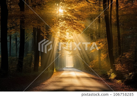 Forest road and the rays of the sun shine through the autumn leaves of the trees 106758285