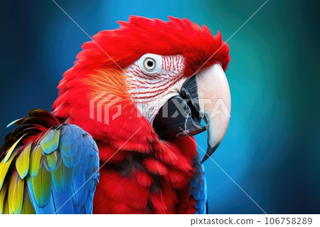 Colorful scarlet macaw parrot on blue background. 106758289