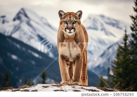 Cougar on a rocky mountain range with trees in the background 106758293