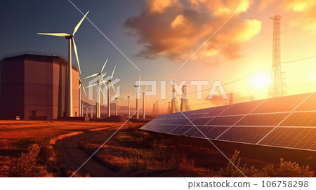 Renewable energy sources, solar panels and wind turbines power plant 106758298