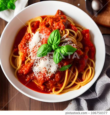 Spaghetti bolognese, spaghetti pasta with tomato sauce, cheese parmesan and basil 106758377