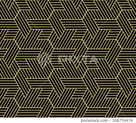 Abstract geometric pattern with stripes, lines. Seamless vector background. Gold and black ornament. Simple lattice graphic design Abstract geometric pattern with stripes, lines. Seamless vector background. Gold and black ornament. Simple lattice graphic design 106758474
