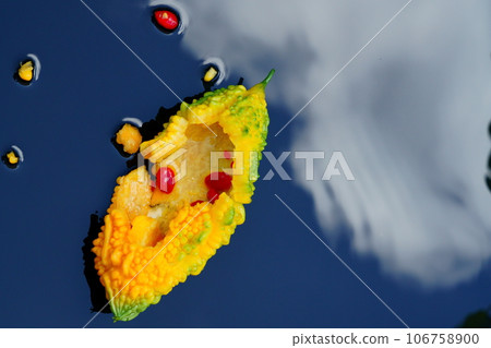 Bitter gourd with seeds bursting 106758900