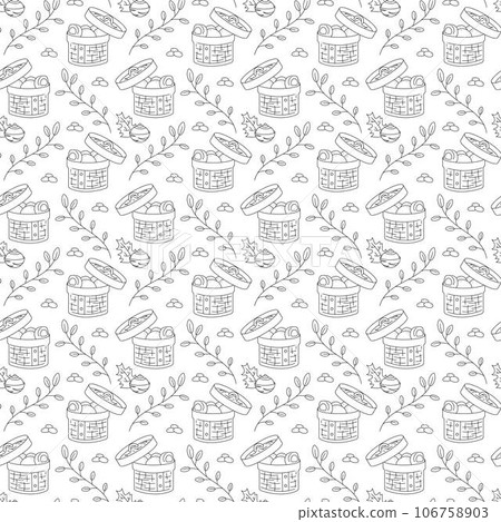 Manju pattern7. Seamless pattern with freshly cooked Japanese manju patties. Doodle black and white cartoon vector illustration. 106758903