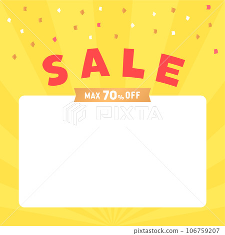 Background material of SALE and 70% OFF letters and confetti - banner/poster with conspicuous yellow concentrated lines 106759207