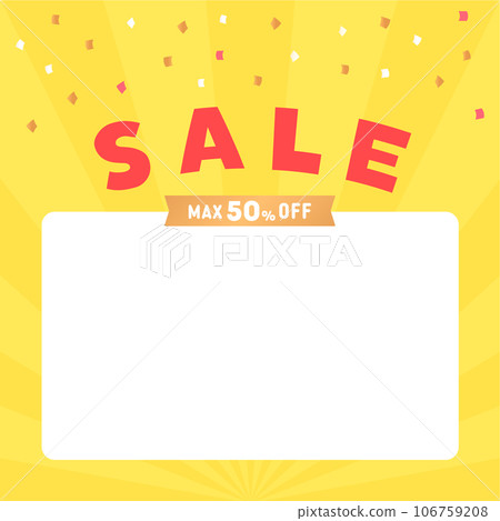 銷售和 50% 折扣字符和五彩紙屑背景材料-帶有明顯紅色濃度線的橫幅海報 106759208