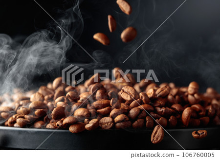 Steaming coffee beans in movement. 106760005