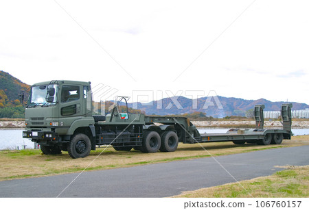 Ground Self-Defense Force medium-sized semi-trailer parked on the riverbed 106760157