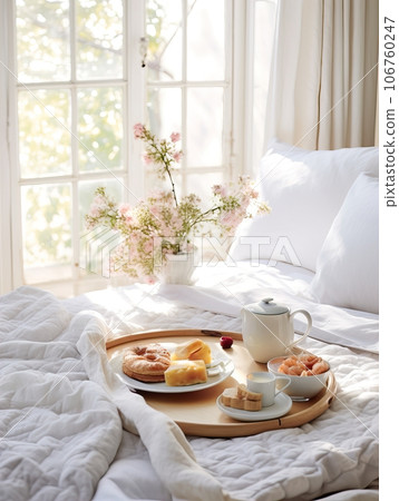 Beautiful cozy breakfast in bed, home bedroom interior with bright morning light, healthy food on decorated tray, weekend meal Beautiful cozy breakfast in bed, home bedroom interior with bright morning light, healthy food on decorated tray, weekend meal 106760247