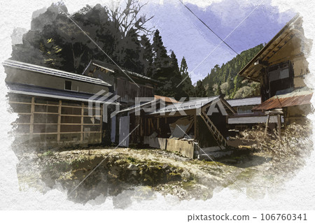 水彩畫風格，鳥取縣八津郡智頭町板原村智頭宿 106760341