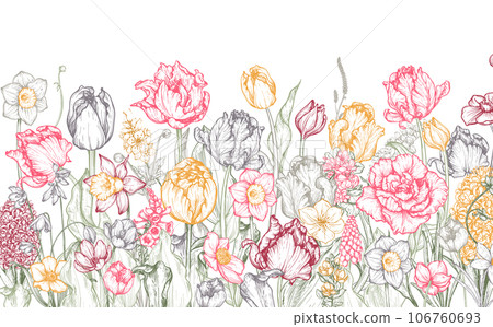 Vector background with beautiful spring flowers in sketch style. Vector background with beautiful spring flowers in sketch style. 106760693