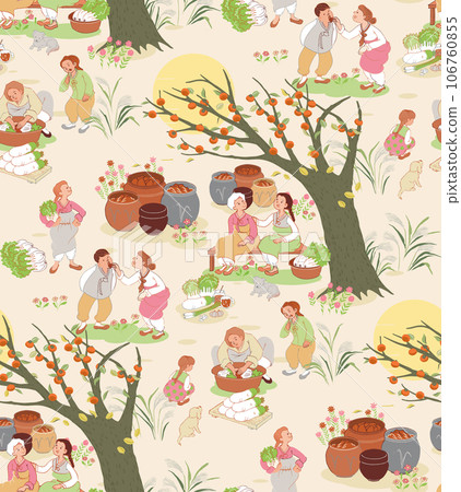 Seamless Vector Illustration of Kimchi-Making Day: Heartwarming Illustration of Families and Village Folk Coming Together to Make Kimchi 106760855