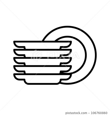 Clean dishes icon, plate stack, wash kitchen utensil, pile tableware, isolated on white background. 106760860