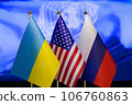 The US flag, Russian flag, Ukraine flag. Flag of USA, flag of Russia, flag of Ukraine. The United States of America and the Russian Federation confrontation. Russia invasion of Ukraine. Close-up 106760863