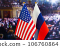 The US flag, Russian flag. Flag of USA, flag of Russia. The United States of America and the Russian Federation confrontation. Russia's invasion of Ukraine 106760864