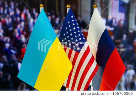 The US flag, Russian flag, Ukraine flag. Flag of USA, flag of Russia, flag of Ukraine. The United States of America and the Russian Federation confrontation. Russia's invasion of Ukraine The US flag, Russian flag, Ukraine flag. Flag of USA, flag of Russia, flag of Ukraine. The United States of America and the Russian Federation confrontation. Russia's invasion of Ukraine 106760866