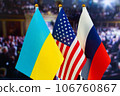 The US flag, Russian flag, Ukraine flag. Flag of USA, flag of Russia, flag of Ukraine. The United States of America and the Russian Federation confrontation. Russia's invasion of Ukraine 106760867