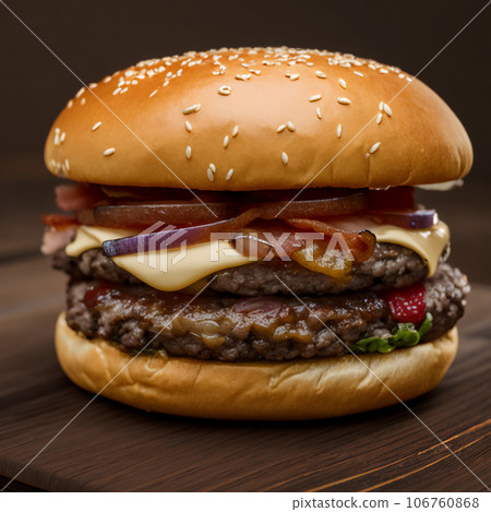 Classic cheeseburger with beef patty, cheese, tomato, onion, lettuce and ketchup mustard Fresh tasty burger on dark background 106760868