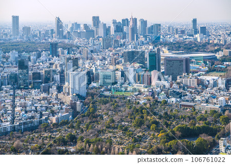 Tokyo cityscape in Japan, overlooking the National Stadium (Kasumigaoka-cho, Shinjuku-ku) and Shinjuku subcenter. Minami Aoyama etc. Tokyo cityscape in Japan, overlooking the National Stadium (Kasumigaoka-cho, Shinjuku-ku) and Shinjuku subcenter. Minami Aoyama etc. 106761022