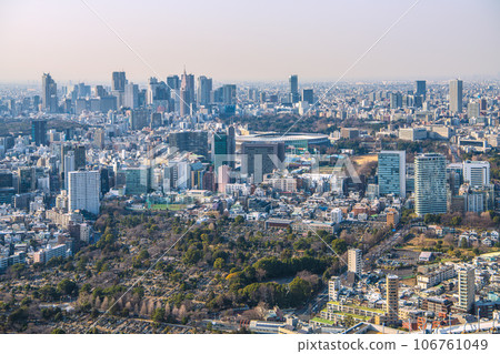 Japan's Tokyo cityscape - Panoramic view of Shinjuku, including the National Stadium (Kasumigaoka-cho, Shinjuku-ku) and Shinjuku subcenter 106761049