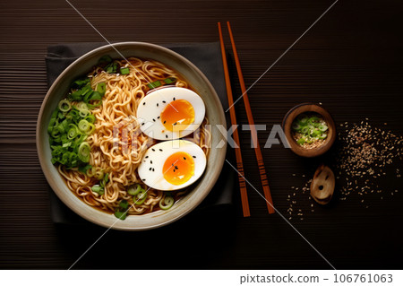 Bowl Japanese ramen. Noodle soup with egg and chop. Top view Bowl Japanese ramen. Noodle soup with egg and chop. Top view 106761063