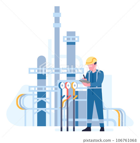 Oil petroleum industry. Worker checks gas or petrol pipeline equipment. Petrochemical factory production. Refinery plant. Fossil fuel extraction. Engineer in uniform. Vector concept Oil petroleum industry. Worker checks gas or petrol pipeline equipment. Petrochemical factory production. Refinery plant. Fossil fuel extraction. Engineer in uniform. Vector concept 106761068