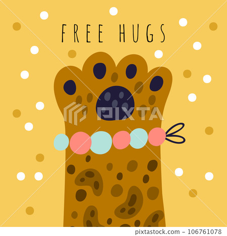 Cute cats greeting card. Pets paw. Spotted kitty brown fur. Domestic animals foot with claws. Feline mammal. Shaggy kittens leg. Adorable pussycat. Romantic square banner vector design Cute cats greeting card. Pets paw. Spotted kitty brown fur. Domestic animals foot with claws. Feline mammal. Shaggy kittens leg. Adorable pussycat. Romantic square banner vector design 106761078