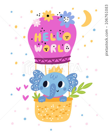 Childish elephants card. Baby shower. Hello world. Cartoon animal on air balloon. Adorable newborn mammal. Flowers and hearts. Toddlers birth celebration. Vector kids postcard design 106761083