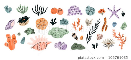 Cartoon seashells. Seaweeds and corals. Oceanic decorative elements. Underwater plants. Marine mineral formations. Mollusks shells. Scallop and starfish. Aquatic conch. Garish vector set 106761085
