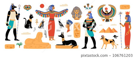 Ancient Egypt elements. Historical and cultural symbols. Religious buildings. Statues and murals. Mysterious civilization. Manuscript hieroglyphs. Gods mythology. Garish vector set 106761203
