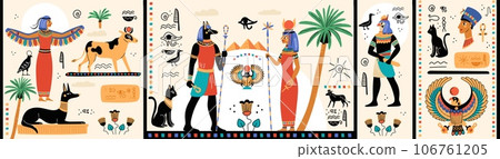 Ancient Egypt horizontal papyrus. Pyramids mural. Pharaohs history. Gods mythology. Lost civilization. Sacred cat or scarab. Old hieroglyphs. Egyptian elements. Garish vector poster Ancient Egypt horizontal papyrus. Pyramids mural. Pharaohs history. Gods mythology. Lost civilization. Sacred cat or scarab. Old hieroglyphs. Egyptian elements. Garish vector poster 106761205